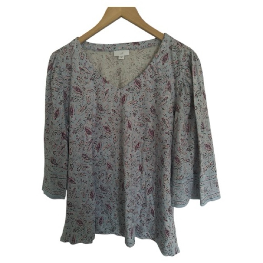 J Jill Womens MEDIUM 100% Cotton Paisley Tunic Shirt~ 3/4 Sleeve Purple Blue
